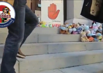 German schoolchildren left stuffed animals wearing face masks on school steps, representing each child that will no longer be attending public schools so long as harmful mask mandates are in place.