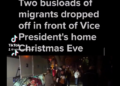 Three busloads of irregular inmigranst dropped to kamala harris home on christmas Eve.